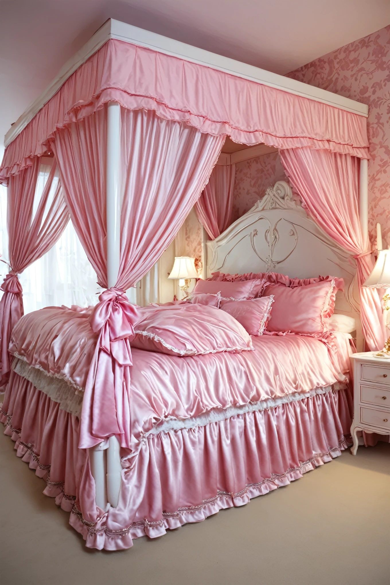 Beautifull 1girl on the bed,early age,detailed baby face,small face,a pink silk satin frilled blouse and skirt,medium dress,detailed ribbons,detailed lace petticoat,frilled sleeves,,a bed with a mountain of silk satin pillows,canopy bed,king size bed,more big bed,lot of silk satin frilled pillows,more pillows, A plump qulited silk satin soft devet,devet decorated ribbons, ruffles lace silk.retro white pipe bed frame, realistic, blue eyes, rolled long blond hear,