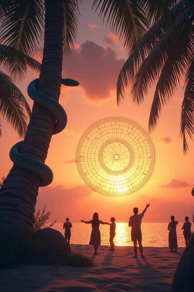 Sacred geometry circle, sundown for me, snake coiled around a palm tree, people practicing physiotherapy