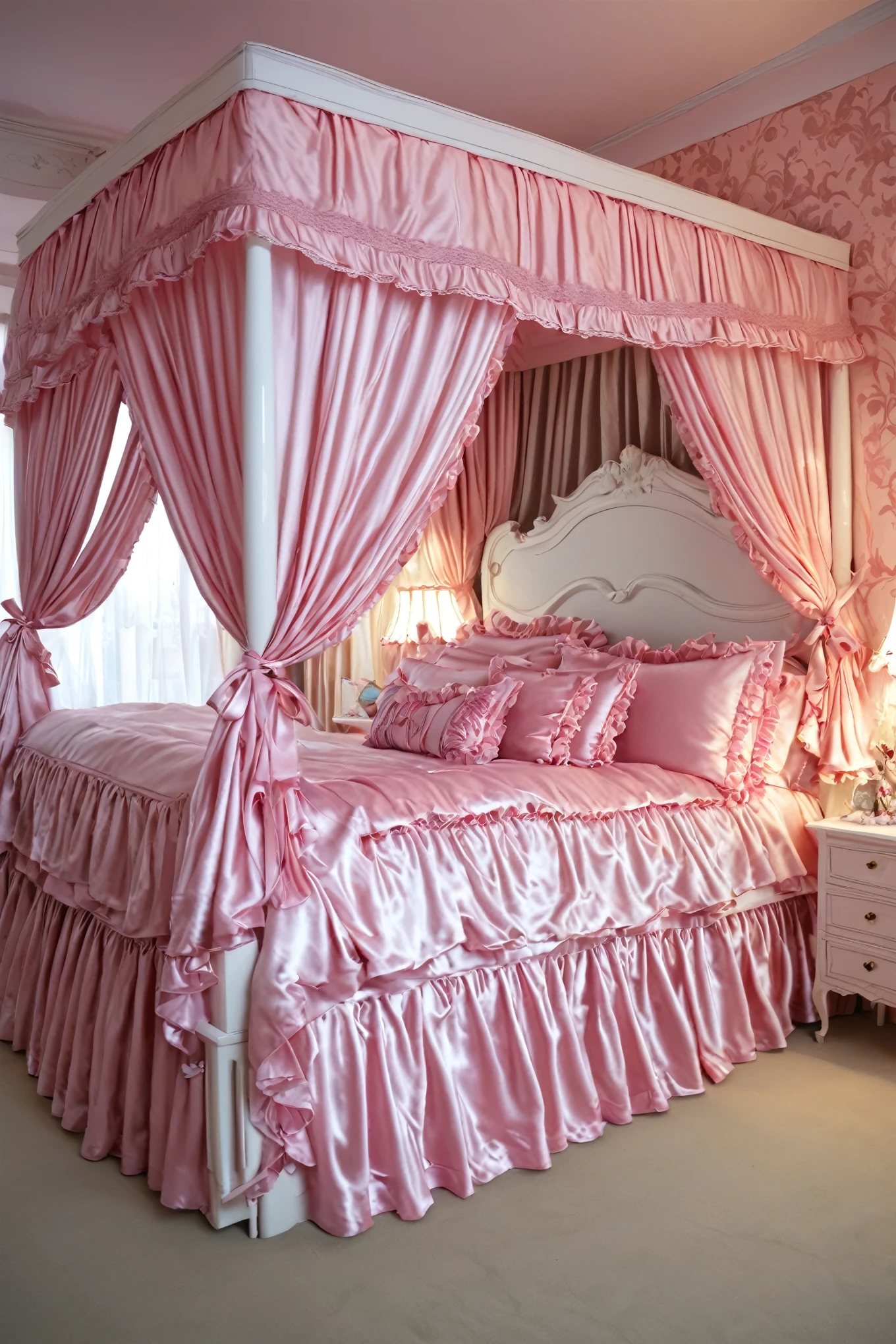 Beautifull 1girl on the bed,,detailed baby face,sma pink silklled blouse and skirt,medium dress,detailed ribbons,detailed lace petticoat,frilled sleeves,,a bed with a mountain of silk satin pillows,canopy bed,king size bed,more big bed,lot of silk satin frilled pillows,more pillows, A plump qulited silk satin soft devet,devet decorated ribbons, ruffles lace silk.retro white pipe bed frame, realistic, blue eyes, rolled long blond hear,