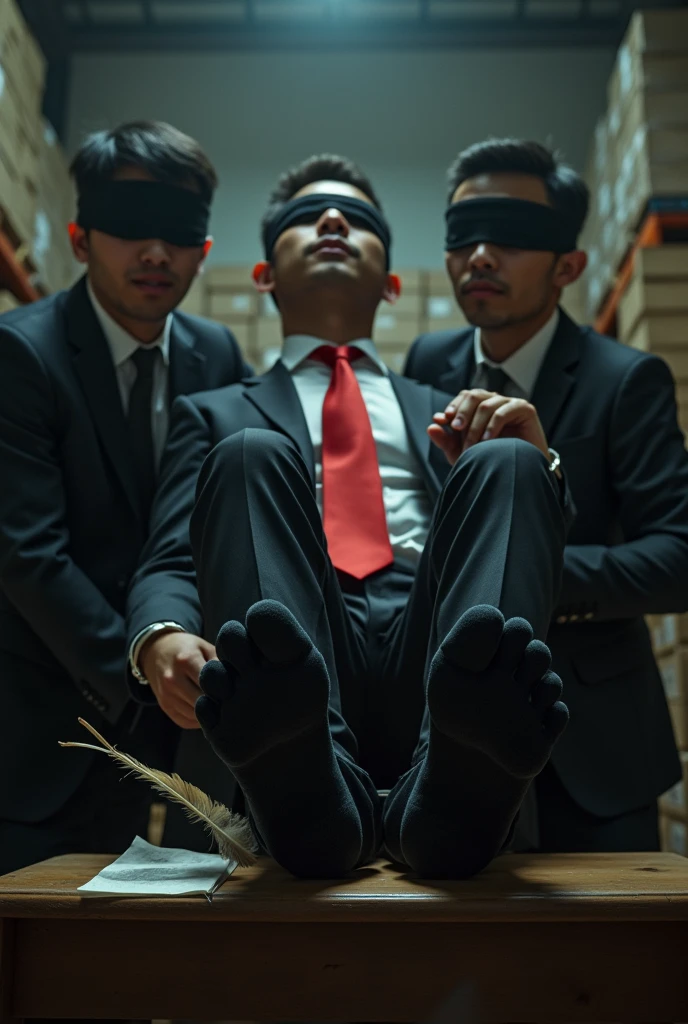 Malaysia malay handsome 19 years celebrity
His handcuff  in warehouse 
Blindfolded
Black Suit and Red tie
feet on desk
feather
5 toes each feet 
Black  smelly sock
2 man under his feet
1 man take off  his socks
1  man holding feather tickle his feet 
He laugh very hard