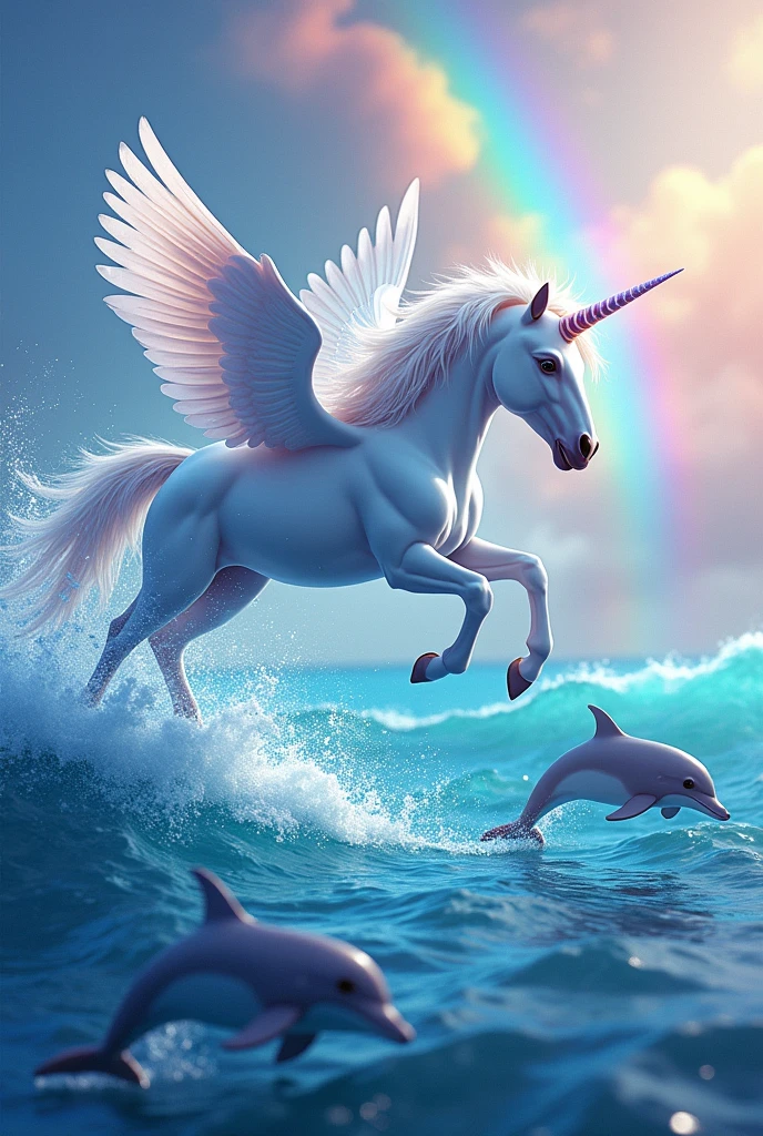 Unicorn flying over the sea with jumping dolphins and more colorful rainbow fantasy 