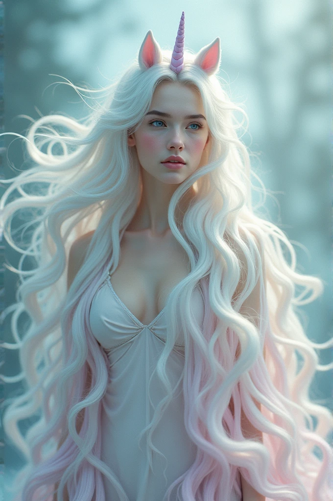 white girl as a unicorn with unicorn hair all over from head to toe full body.