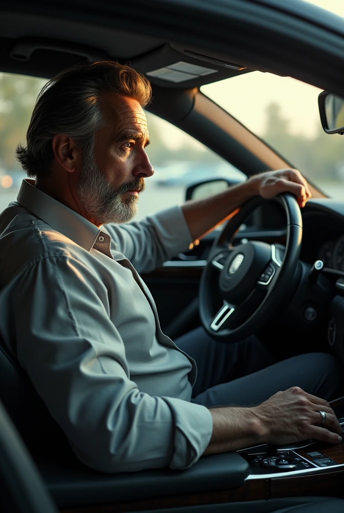 Rich young man with beard without suit sitting in car with expression of regret 