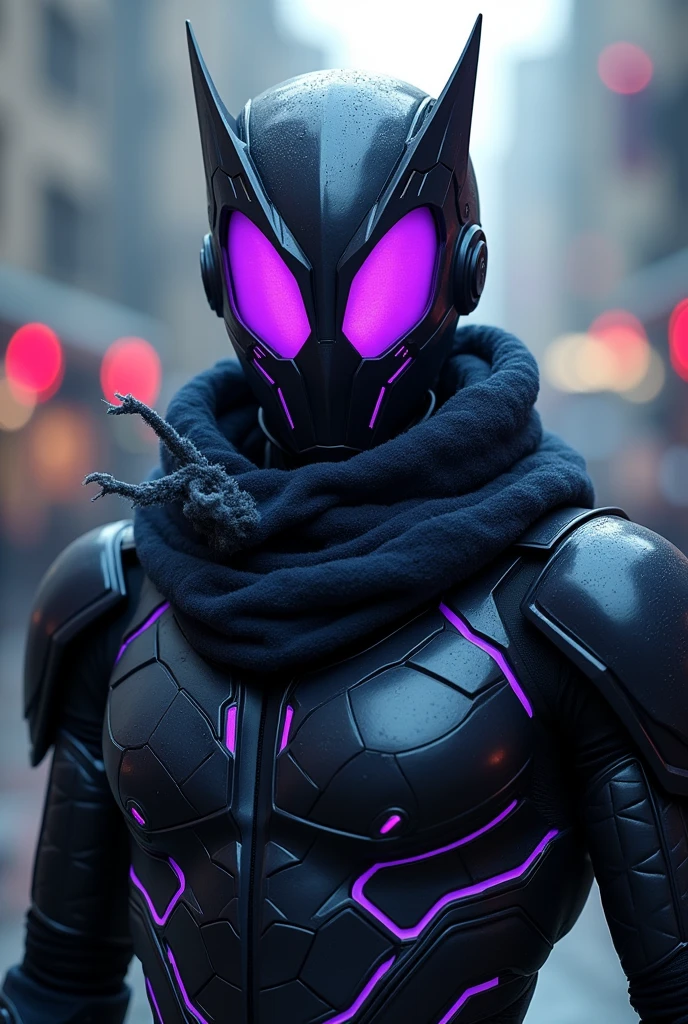 Futuristic, kamen rider, with a sharp eyes purple glow, with medium armor dominan black suit and dark blue line colored, torn dark blue scraf