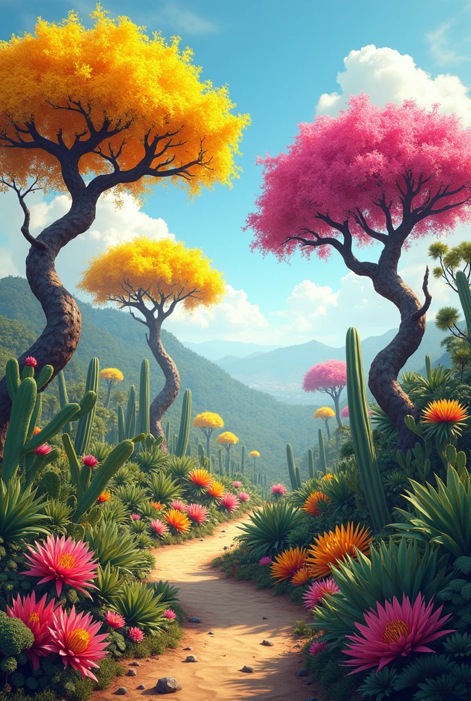 Create an image with several yellow Ypê and pink Ypê trees, several cacti and bromeliads flowering in the cerrado and twisted trees


