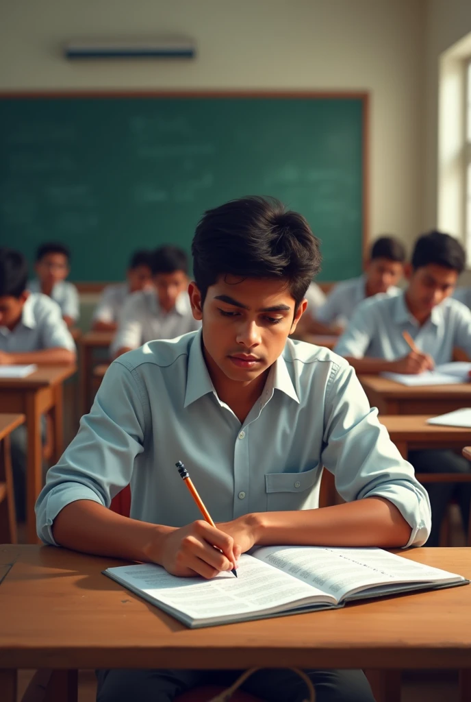 A Indian boy in a age of 19 writing exam in a college 