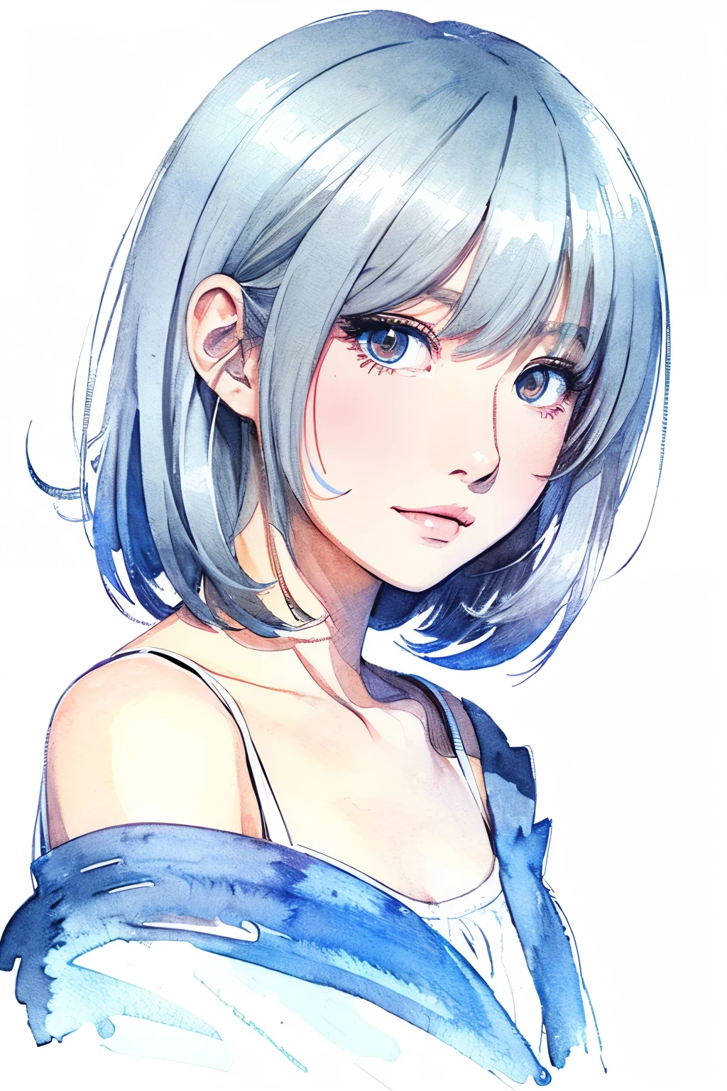 Watercolor、(Illustration style)、(Showa Anime)、Woman looking this way、(highest quality)、Stylish, detailed background、short length Hair, silver hair color, Japanese girl
