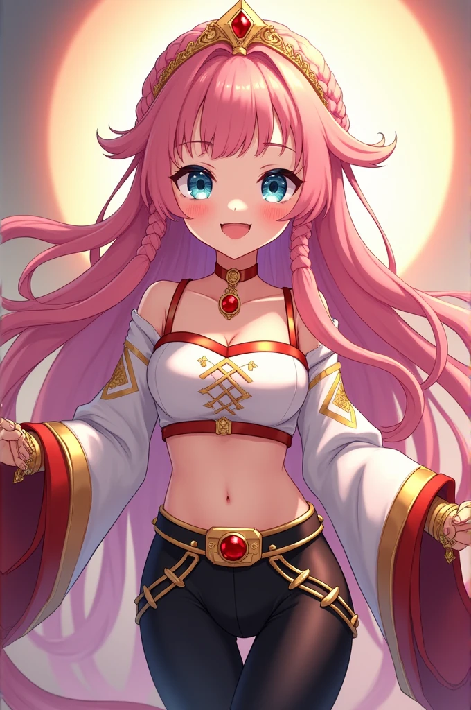Create a young girl smiling, Make it anime-style.
Imperial Sorceress, She is 2 and has fair skin, eyes the color of the crystal clear ocean, her long pink hair with two braids in the front and the rest loose in the back, She has short, choppy bangs that cover her eyebrows. Long side locks touching her cheeks.
She should wear a short white blouse that shows her flat belly., she sports a low, square collar, with a thin gold strip along the edge, highlighting the subtle neckline. Red diagonal stripes cross above her small breasts, while her long sleeves with loose, flowing wrists are adorned with five golden vertical and diagonal lines like gold, ending in a red metallic circular border that gives the impression of rings around the arms. She wears tight black pants with gold diamonds drawn in lines around the thigh., and a double gold belt with a pentagonal buckle at the waist.
On the feet are mid-calf black leather boots with folded edges and a small heel.. A small golden tiara on her head. And on both arms large golden bracelets covering the wrist and forearm with a shining magnetite jewel in them..