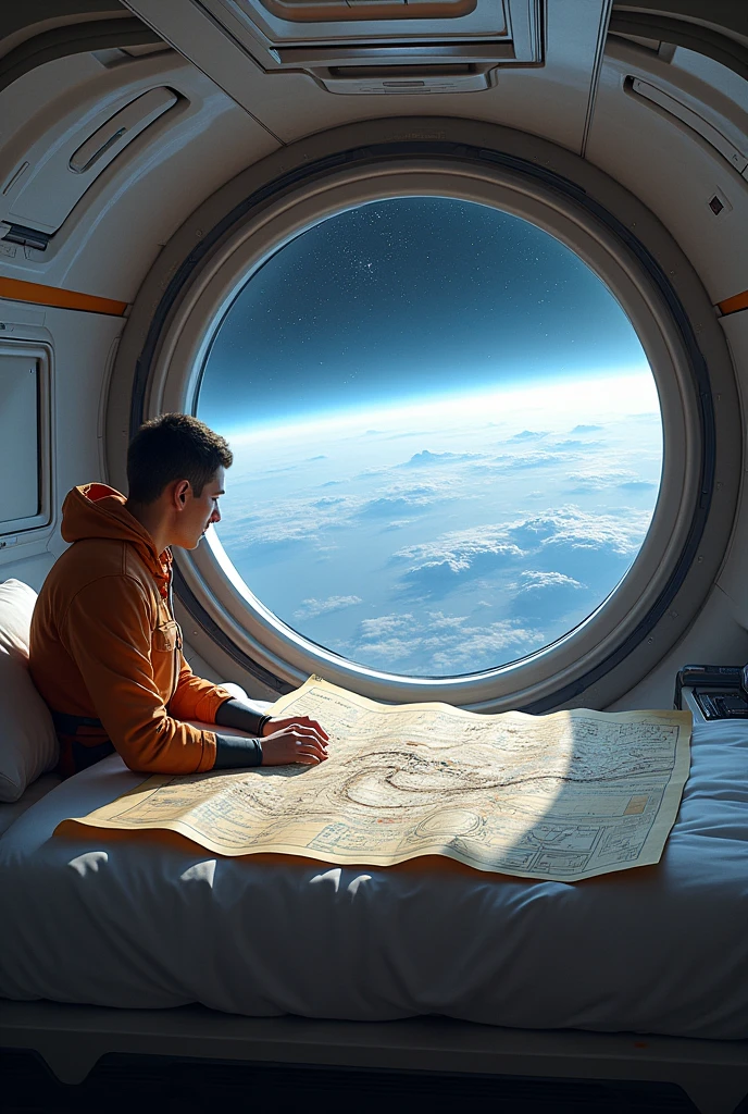 space ship, room with paper map of the ship's locations on the bed