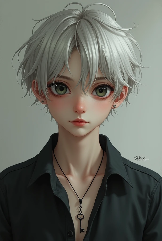 (photorealism:1.2), handsome ager, white short hair, black eyes, dark bags under the eyes, key on a string around his neck
