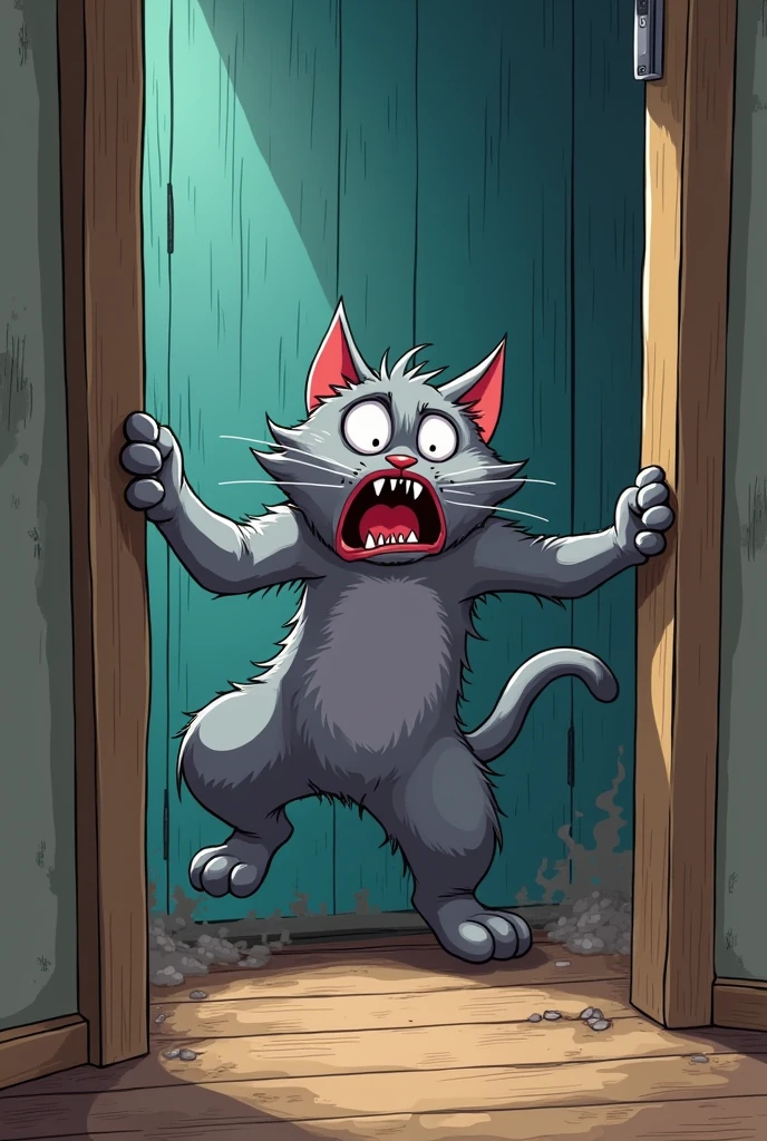 (cartoon style) Terrified gray cat with the blocking the closed door