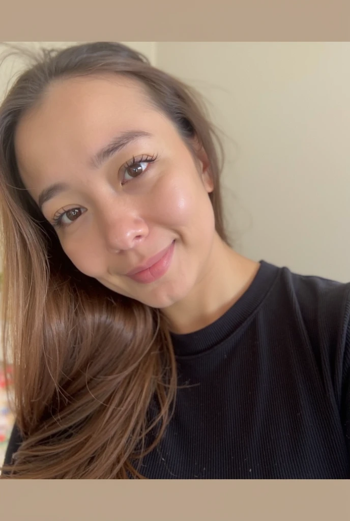 1girl, brown eyes:, dark skin, nose, freckles, black hair, closed mouth, looking at viewer, long hair, collared shirt, background: bedroom , (((upper body))), <lora:Rachel Shea-000002:1>