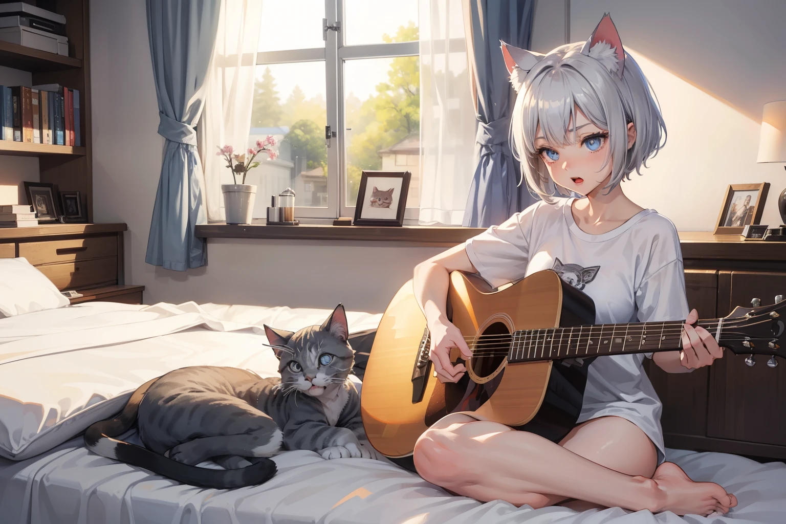 (masterpiece, best quality, High quality) BREAK (perfect anatomy), (expressive eyes, perfect face), 1girl, grey cat ears:1.6, medium hair, grey hair:1.6, pixie cut, big eyes, perfect eyes, blue eyes, eyes half-closed, thick eyelashes, thin eyebrow, short height, slim bulid, singing, open mouth, blush, medium breasts BREAK (((wearing only very long white t-shirt))), (bedroom), ((character sitting on left side of bed)), holding acoustic guitar, playing acoustic guitar, (((a cat sleeping on right side of character))) BREAK ((night time, night)), (full body), panorama of room, character looking at guitar,