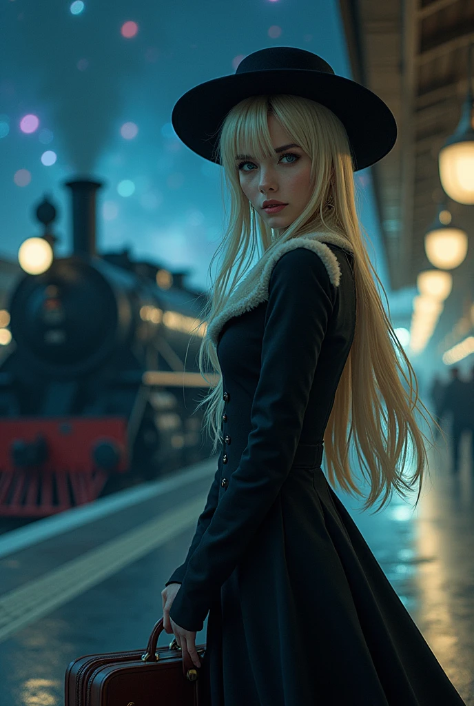 Highest quality, Great quality,, RAW Photos, Realistic, Unbelievably absurd, Very detailed, delicate, Flashy and dynamic depiction, Galaxy Express 999, Material, Long Hair, Blonde, Fur trim, Black Hat, Fur is, dress, Dynamic Angle、Beautiful and cool woman, sad, Fleeting, Melancholic expression, Sharp eyes, Sharp Face, Slender and perfect proportions, Tight waist, Long eyelashes, Detailed pupil, Detailed skin texture, Background Galaxy, night, Station platform, Steam locomotive station, luggage