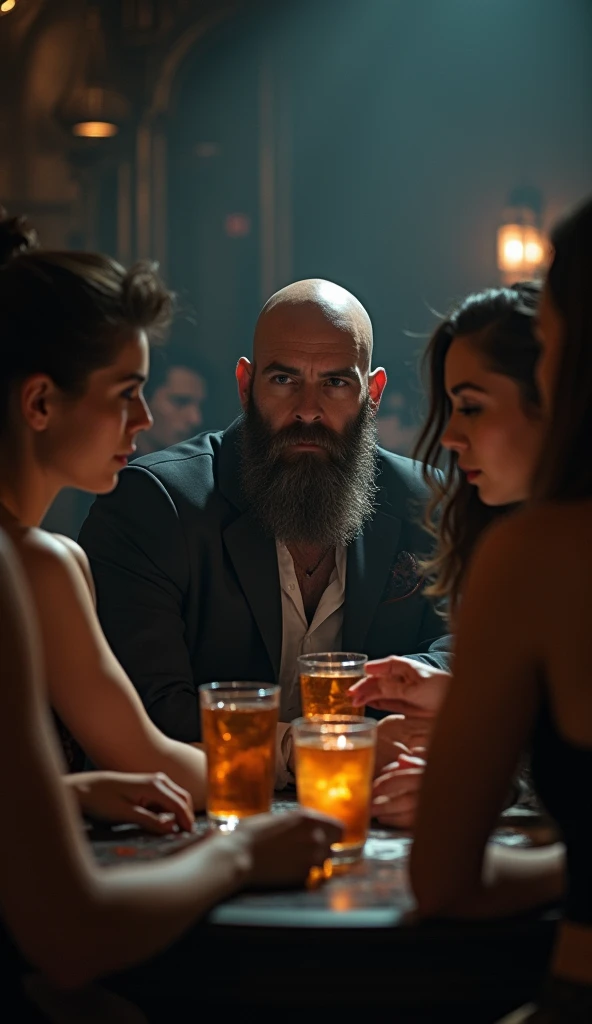 Bald man, bearded, with women and drinks, 8k cinematic. dark.