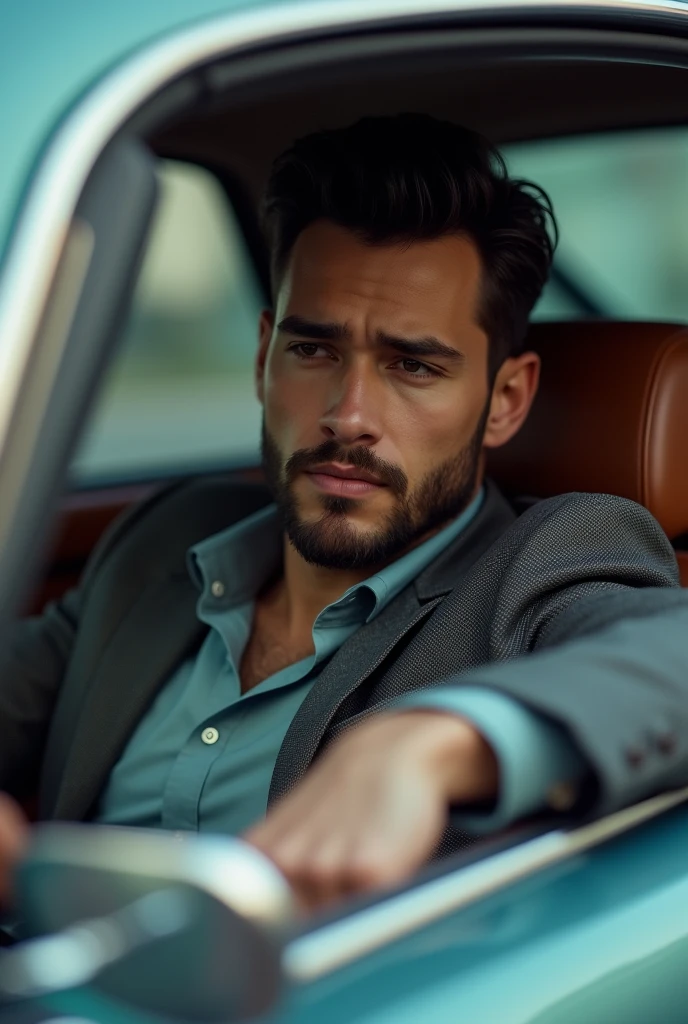 A rich young man with a beard without a suit sitting in a car with a regretful expression