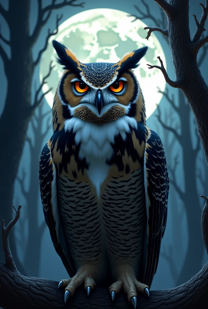Illustration of an owl from the front, with the background of a full moon and a dark forest