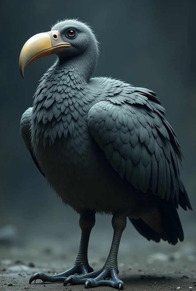 (Dodo) beautiful heavy bird, with gray feathers, large curved beak, and short legs with a bluish gray with a realistic style nothing with a brushstroke style cold and dark colors