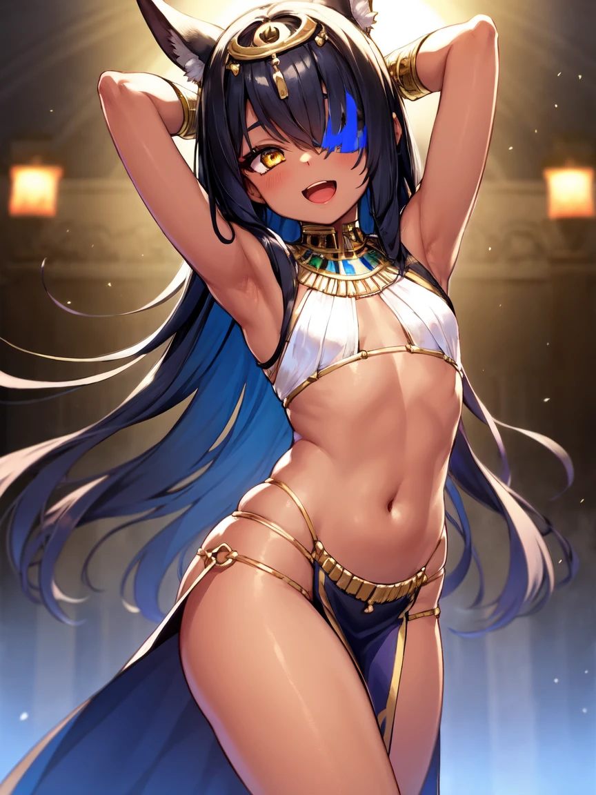 (SLE, mksks style, detailed background:1.1), (solo:1.3), girl, dark skin, ornate egyptian dress, long hair, black hair, beautiful hair, (hair over eye), yellow_eyes, happy,head tilt, volumetric lighting, (outdoor:1.3), egyptian, colorful, flat chest, female anubis, egyptian clothes, egyptian mythology, teen, lewd outfit, young, (young girl), child, (very young girl), small girl, skimpy outfit, midriff, nsfw, lewd, slutty facial expression, (dancing), open mouth, (dark skin), (pelvic curtain), dancer, arms above head, hip sway, (motion lines), hip sway,