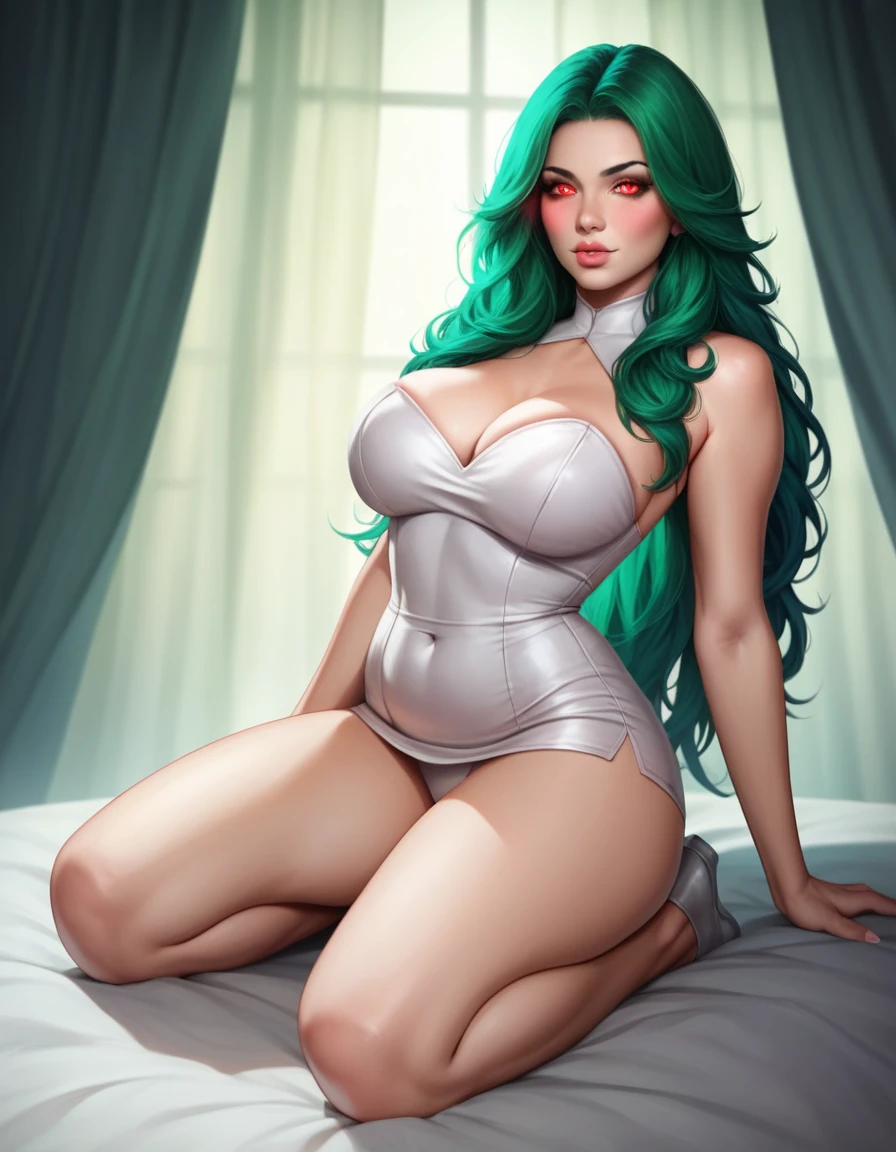 score_9, score_8_up, score_7_up, score_6_up, score_5_up, 1girl, solo, green hair, straight hair, long hair, red eyes, glowing eyes, sultry eyes, juicy lips, plump lips, glossy lips, soft blush, dolly face, eyelashes, eyeliner, large breasts, thick ass, pale skin, white short dress, realistic background, warm lightning, very detailed clothes, very detailed face, very detailed eyes, very detailed hair, ultra, best quality, masterpiece, looking at viewer, in love with the viewer, full body. 