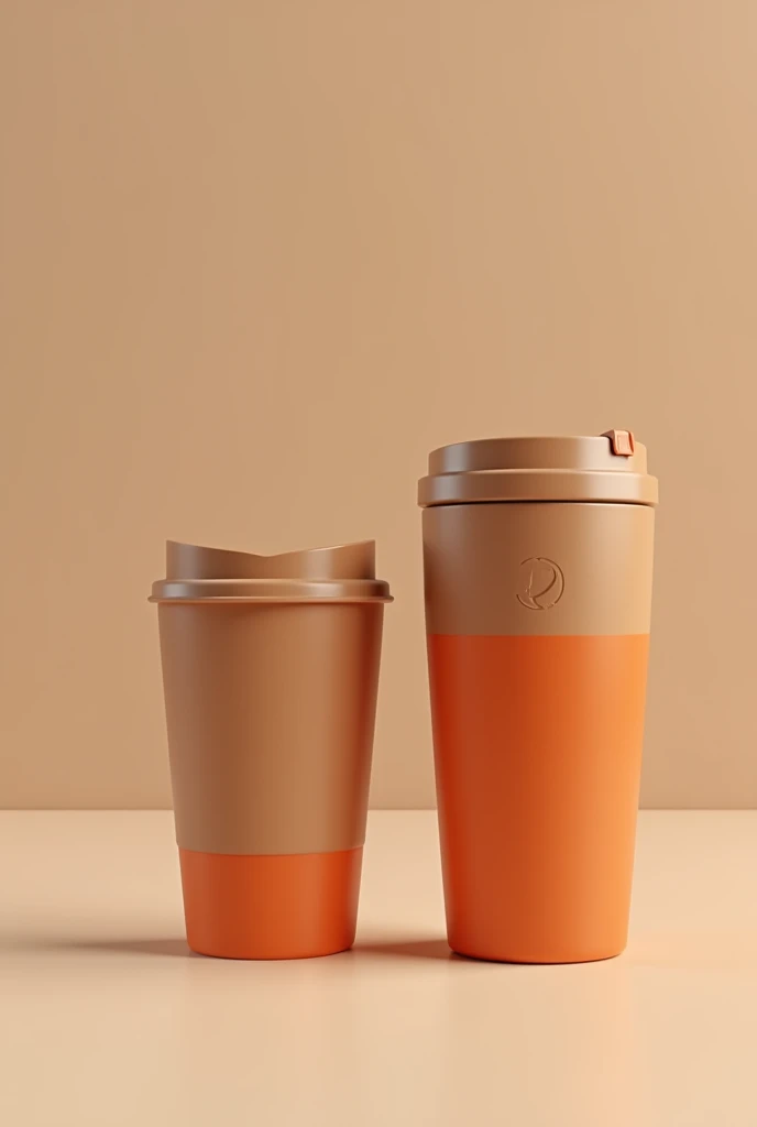 Thermal coffee cup with lid. The top and bottom can be light brown.. The body of the glass in orange color. I need the image of the front and back of the glass