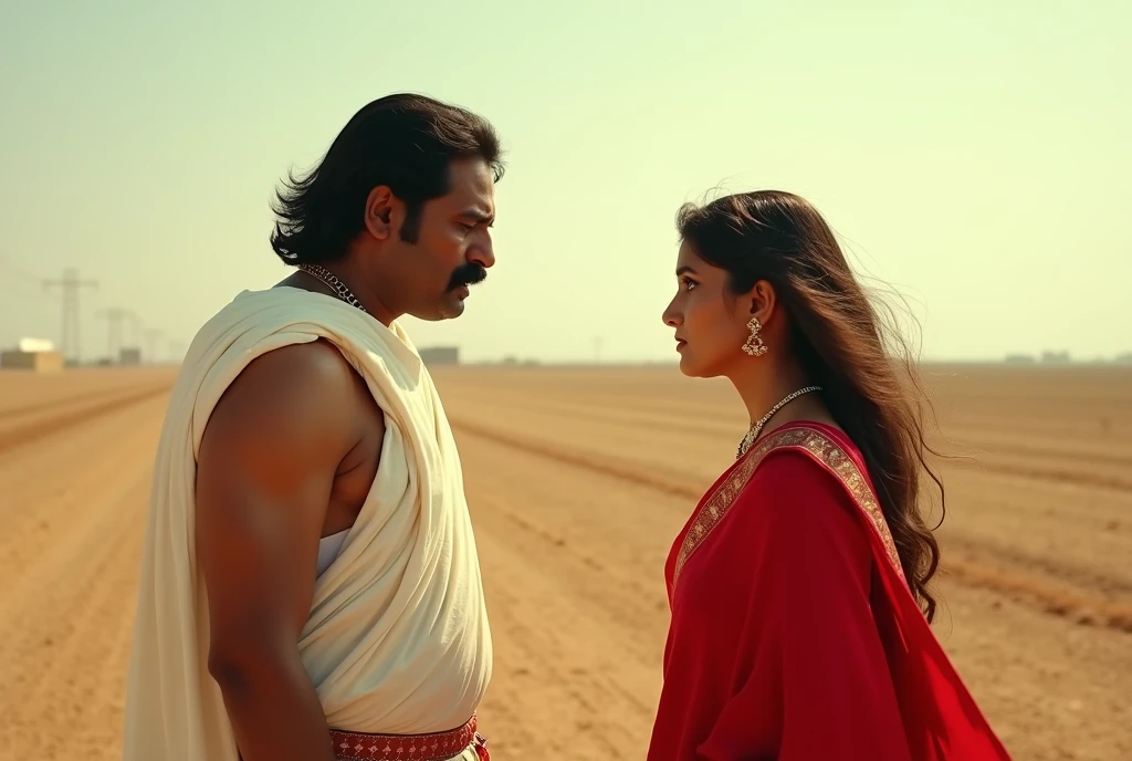 There is a big field which is dry. In it there is a man named Tejaji. Tejaji is very angry. Tejaji is wearing a white dress and has a mustache on his face. Tejaji is angry at a woman. The woman is standing in front of Tejaji and is wearing a red saree. I am wearing it and the woman has covered her face with the pallu of the saree and both are standing at a distance and the ground below is dry and sunlight is coming from the sky.