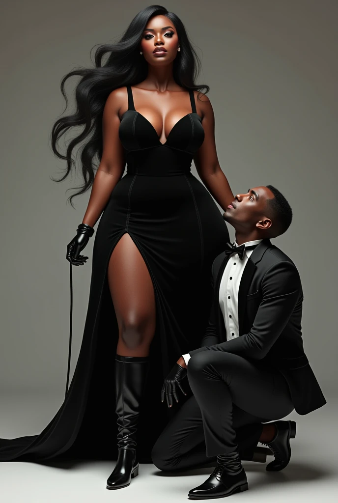 (photorealism:1.2) . beautiful ebony plus size dark brown mocha skinned tone melanin women, with long flowing black hair bbw plus size curvaeous woman radiating authority ,A woman in long boots, black dress and black gloves holding another kneeling white man in formal clothes on a leash,