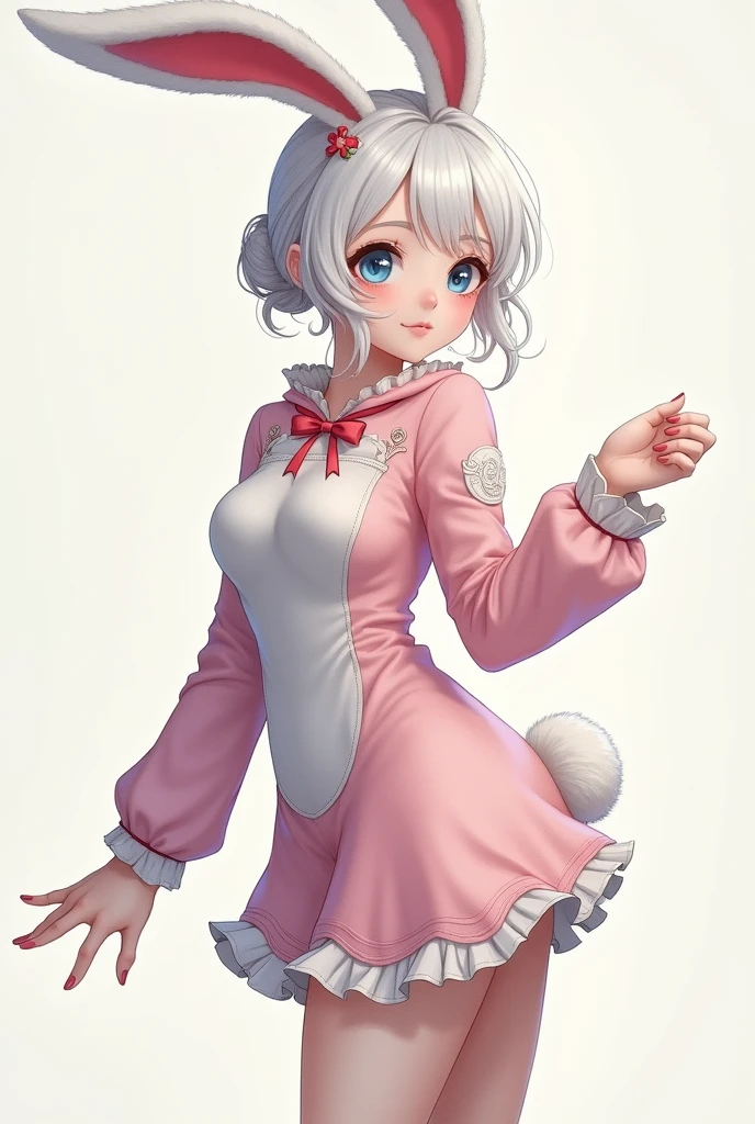 Anime art style, Sister's gojo, 1, blue eyes, pale skin, white hair, hourglass figure and average height, dressed in a bunny costume