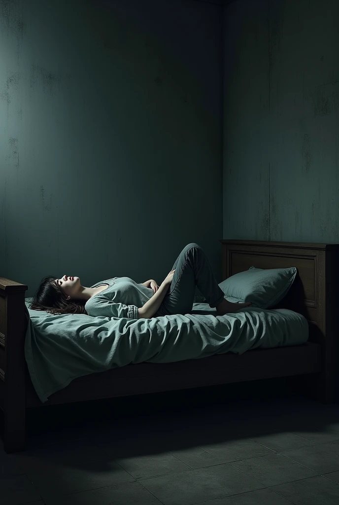 Could you give me an image of an old wooden bed in a dark room with a ager lying on it? 