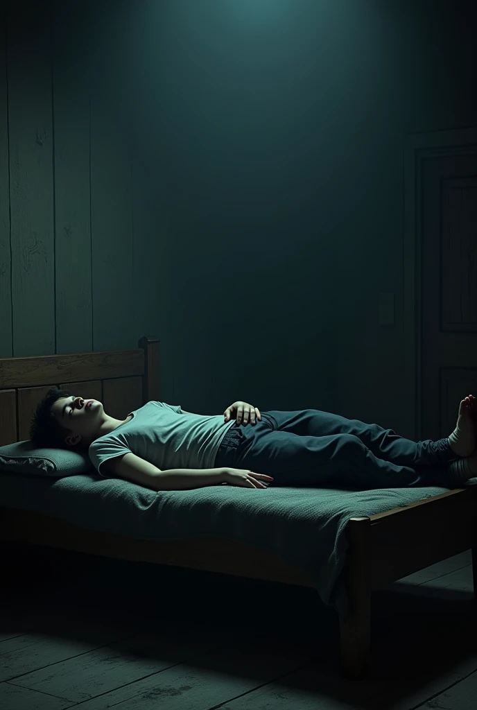 Could you give me an image of an old wooden bed in a dark room with a ager lying on it?