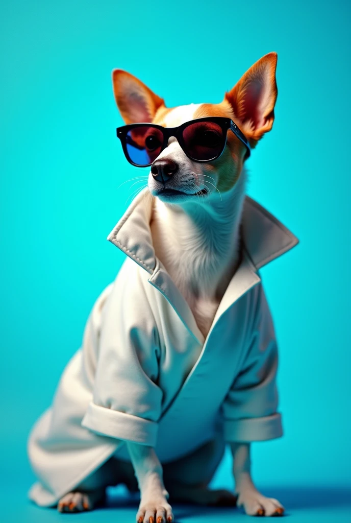 The best cell phone wallpaper, Award-Winning Wallpaper, portrait photography, In the front view is a portrait of a cute dog wearing mid-1960s space age fashion, Side view photo, Shot with Canon EOS R5, Set a strong contrast that accentuates the subject, Fluorescent blue tone, Wearing a very modern coat and sunglasses is a modern 1960s style, Clothes all in one color, beautiful background