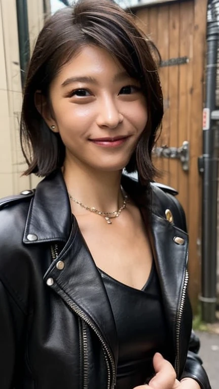 Highest quality,masterpiece,Ultra-high resolution,Black leather jacket、Black Leather Skirt、nice smile