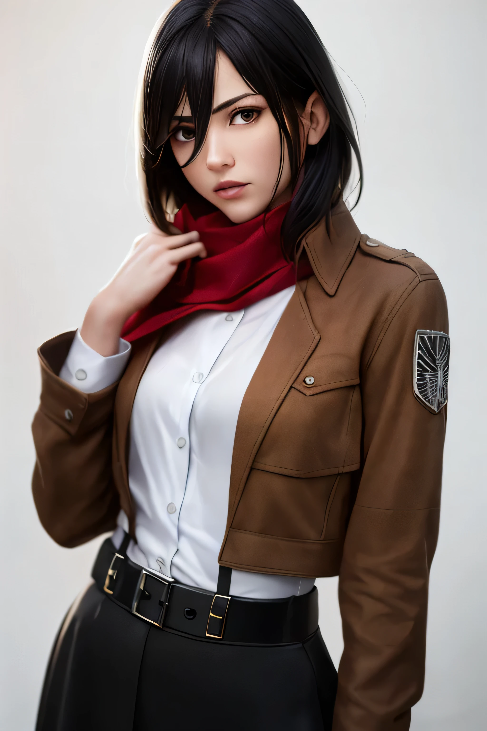 masterpiece, (Realistic:1.4), highest quality, Beautiful lighting,
Mikasa Ackerman, shingeki no kyojin, One girl, bangs, belt, belt buckle, Iris, Black Hair, brown belt, brown Jacket, buckle, dress shirt, Hair between the eyes, Jacket, Long sleeve, Medium Hair, Open clothes, open Jacket, Paradis military uniform, red scarf, scarf, shirt, alone, Are standing, Straight hair, suspenders, White Background, white shirt, Wing Color
, Intricate details, Natural light, RAW Photos, 8K Ultra HD, Film Grain