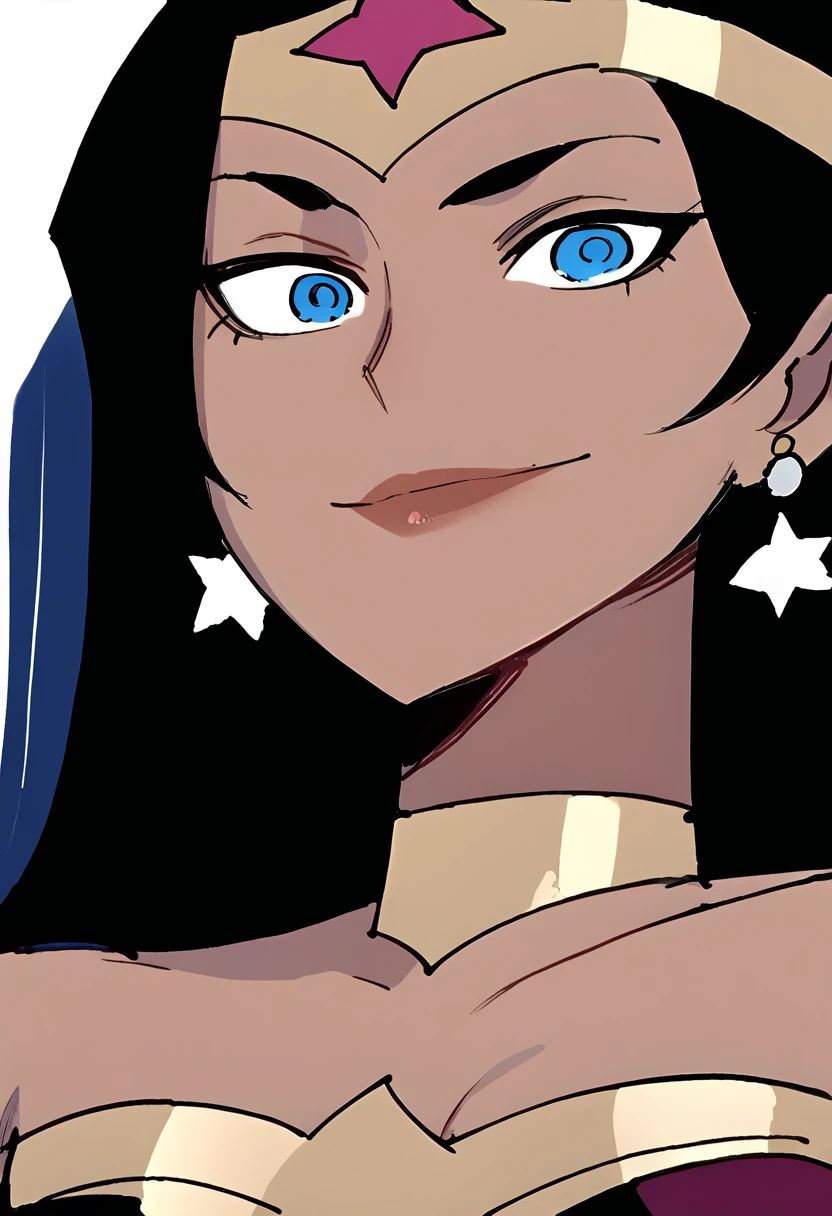 score_9, score_8_up, score_7_up, score_6_up, score_5_up, score_4_up, BREAK, source_anime,
1girl, wonderwoman, black hair, long hair, blue eyes, dark skin, tiara, bare shoulders, earrings, flat chest,
hands behind back, smile, upper body, looking at viewer, solo, simple background, white background   