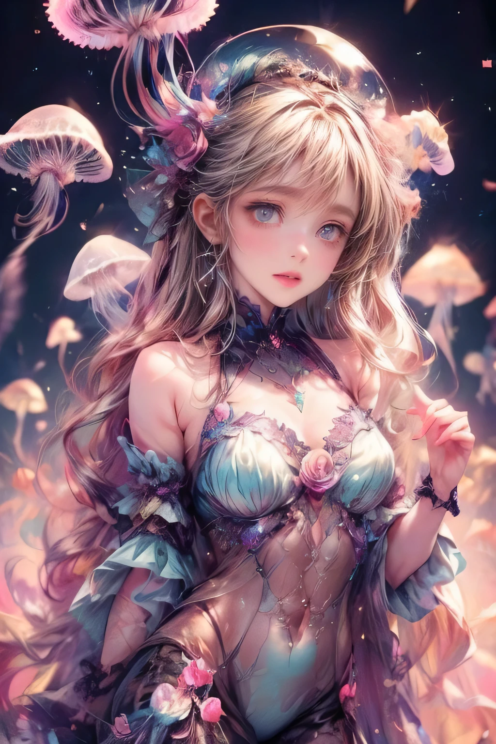 (masterpiece, best quality:1.4), (8K), Young blonde beauty, (((2 girls in love, 18 years old, neat girl))), detailed blue eyes, long eyelashes, blush, kind smile, horny, upper body, topless, small ass, slender thin legs, (looking at viewer), beautiful blonde hair, white-skinned, (side bangs), pigtails, (mushroom forest, celestial forest, beautiful and magnificent pink sunshine, majestic sky), natural light)