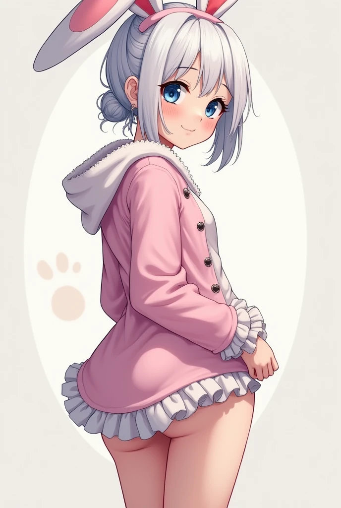 Anime art style, Sister's gojo, 1, blue eyes, pale skin, white hair, hourglass figure and average height, dressed in a bunny costume