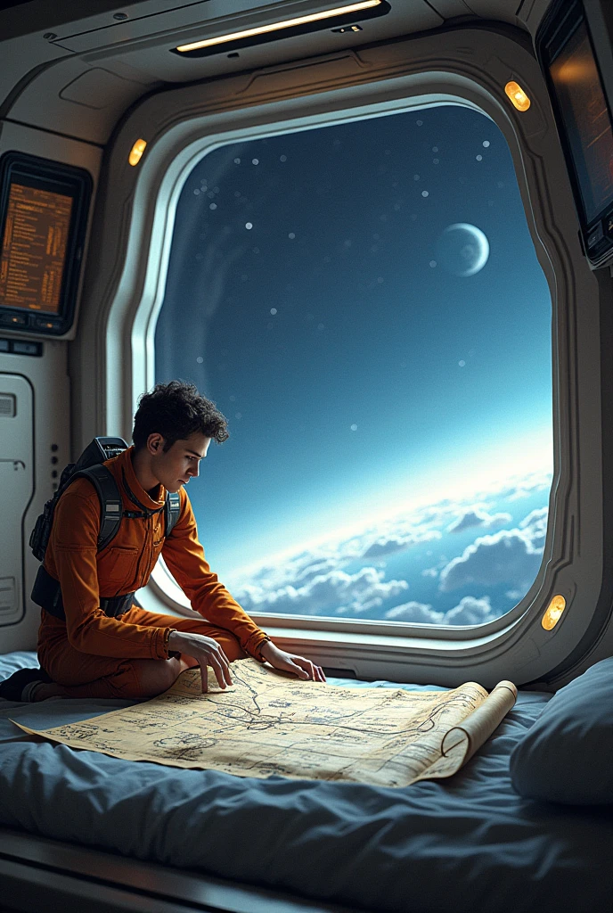 space ship, room with paper map of the ship's locations on the bed