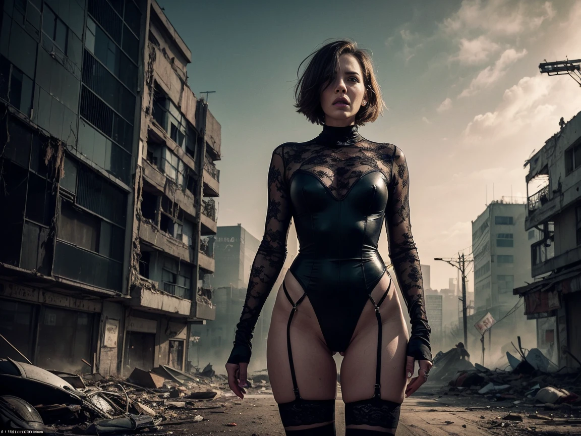 (Best Quality,hight resolution:1.2), vicious cyberpunk woman,Pronounced wrinkles,Bob haircut,(futuristic leotard:1.05),lace blouse,(lace stockings with garters), standing, (in a post apocalyptic scenario:1.2),expression of despair,Dark and moody lighting, The pose expresses a somber ecstasy,