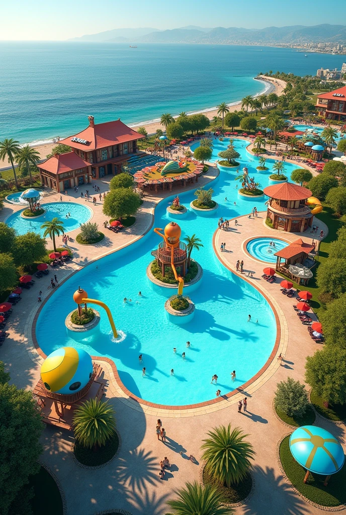 an Aqua Park with slide and wave pool, large swimming pool, slow river, with water games and themed restaurant and parking
on a plot of 11430m² close to the sea and in the first position of a road all in one photo