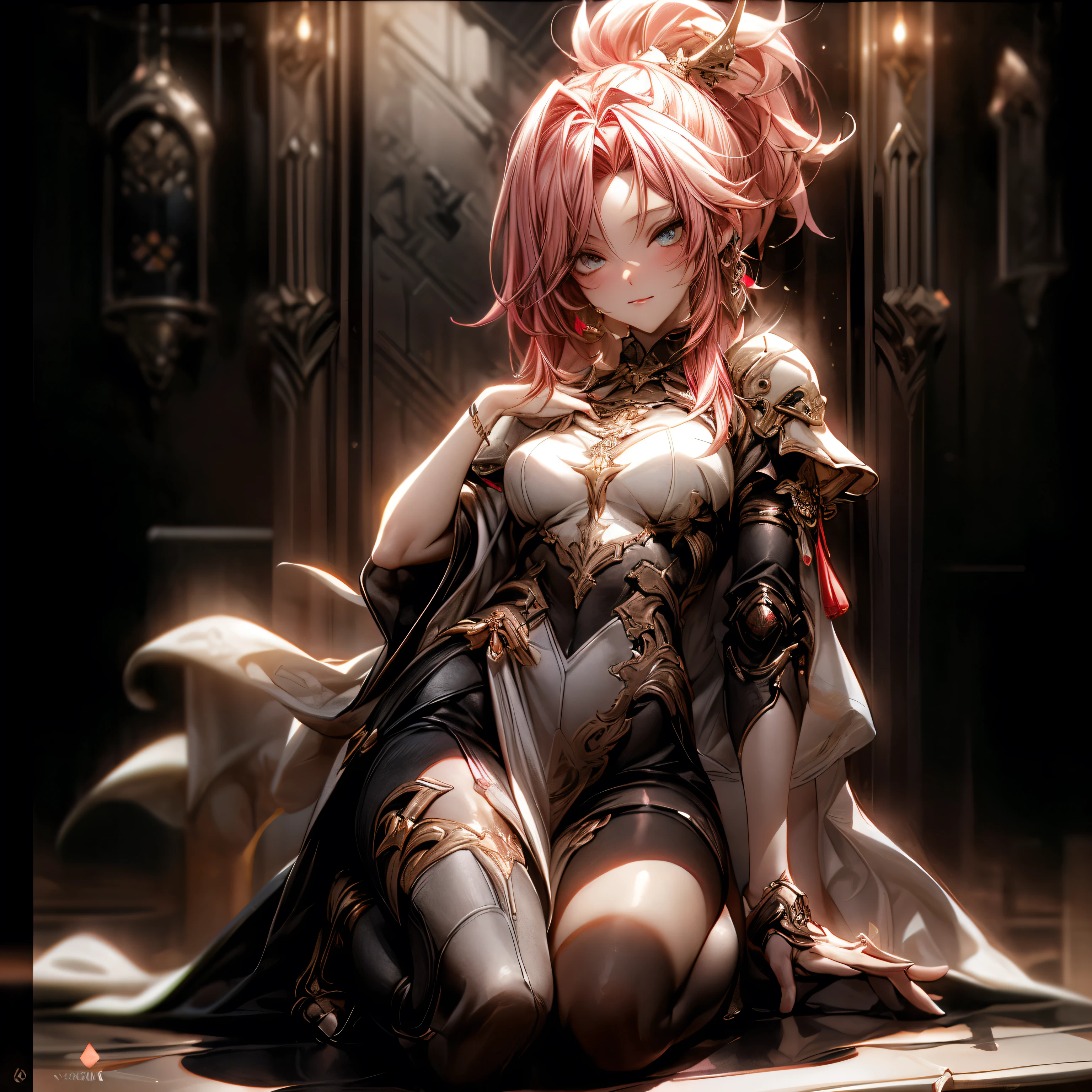 (best quality)), ((Masterpiece)), (details:1.4), 3d, HDR (high dynamic range), an image of a beautiful cyberpunk female, fantasy, Medieval, pink hair, High ponytail, Full body, Beautiful white eyes, จมูกโด่ง, ปากแดง, หน้าอกใหญ่, nvidia RTX, PBR surface, After processing, Anisotropic filtration,depth of field, Maximum clarity and clarity, multi-layered surface, Subsurface scattering, perfect proportions, 8K raw files, ultra detailed, Perfect proportions, volumetric lighting, soft lighting, Holy Paladin, Light Golden Armor, Red dress, glossy skin, intricate silver embroidery, Throne background, jewely, ต่างหู, นิ้วมือสมบูรณ์,