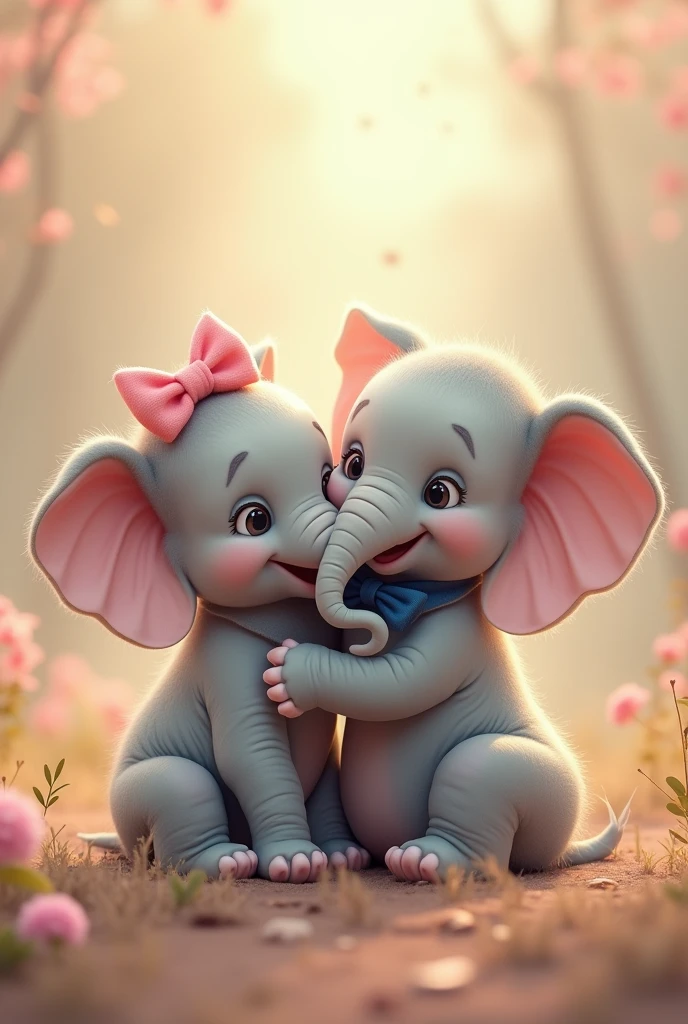 I created a beautiful couple of cute baby elephants, the elephant wears a pink bow on its head and the other wears a blue tie.