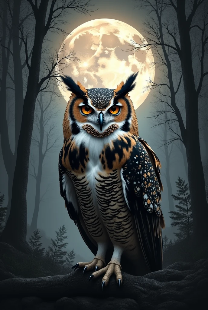 Tattoo of an owl from the front, with the background of a full moon and a dark forest