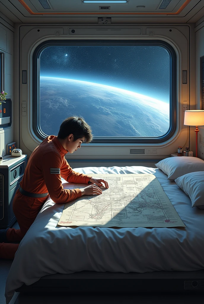 space ship, room with paper map of the ship's locations on the bed