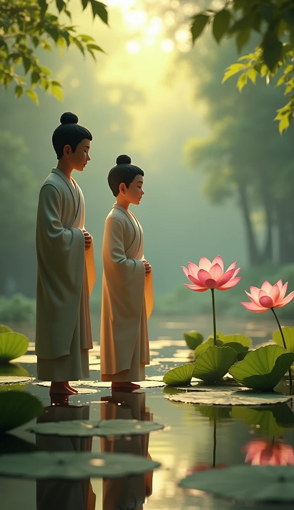 Design a 3D animated scene where the disciples are standing near the lotus flower, with expressions of understanding and peace on their faces. The background shows the serene forest and the calm pond, with soft lighting and gentle movements like leaves rustling or water rippling. The animation should convey the moment of realization and the calming influence of Buddha's teachings, with a focus on the disciples' serene expressions.