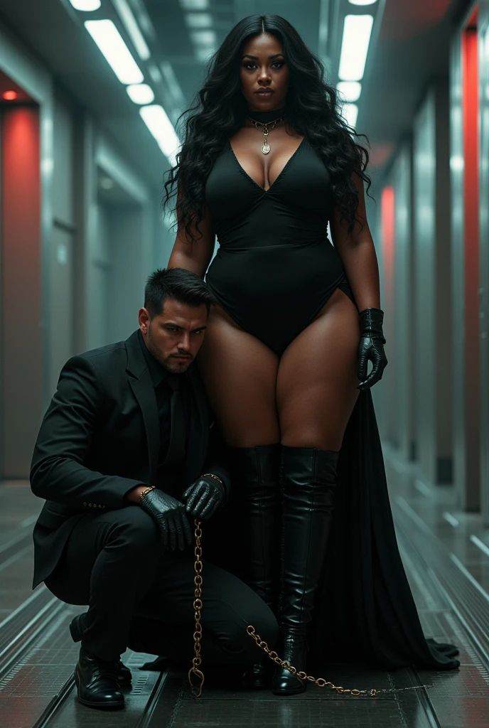 (photorealism:1.2)  cyber realistic 
beautiful ebony plus size dark brown mocha skinned tone melanin women, with long flowing black hair bbw plus size curvaeous woman radiating authority ,A woman in long boots, black dress and black gloves holding another kneeling white man in formal clothes on a leash,