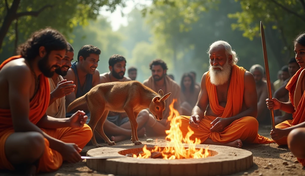 Brahmin man seating front of "agni kund" and some people holding a animal in front of them. One man holding a sward for kill that animal. Generate image of sacrificial animal in hindu festival