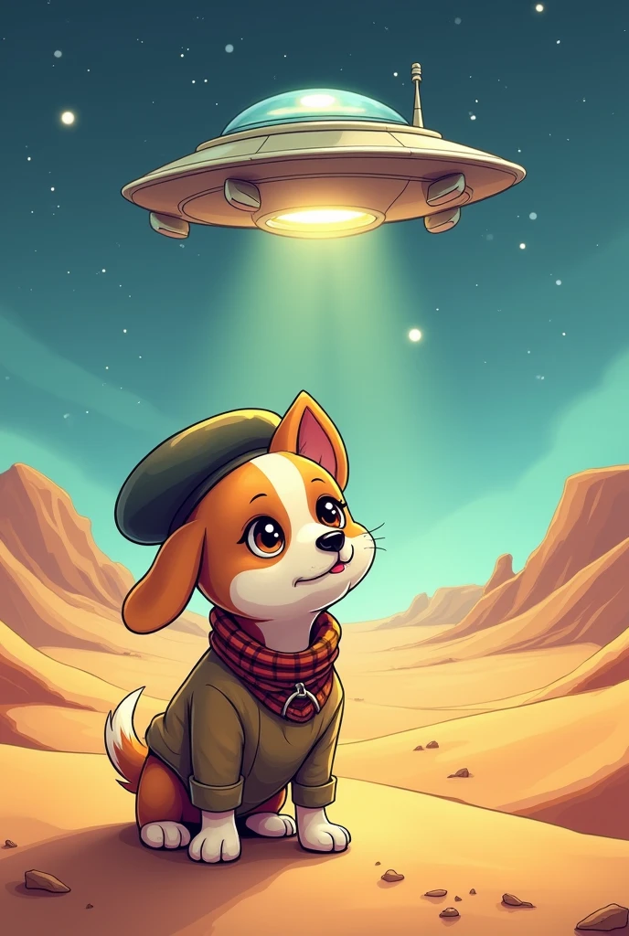 generate a cartoon image of a little dog in clothes being abducted by an alien ship in the desert..with the French "bitch mom abduct me"