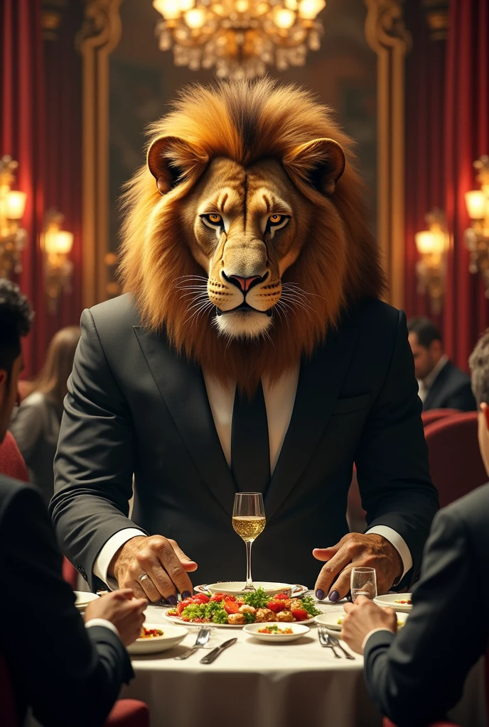 Lion in a Balck suit dinner in Italy restaurant lion like a monster 
