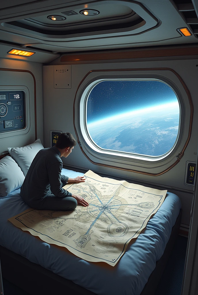 space ship, room with paper map of the ship's locations on the bed
