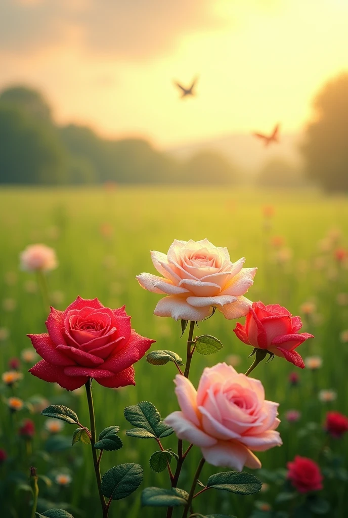 Flowers, roses and green fields